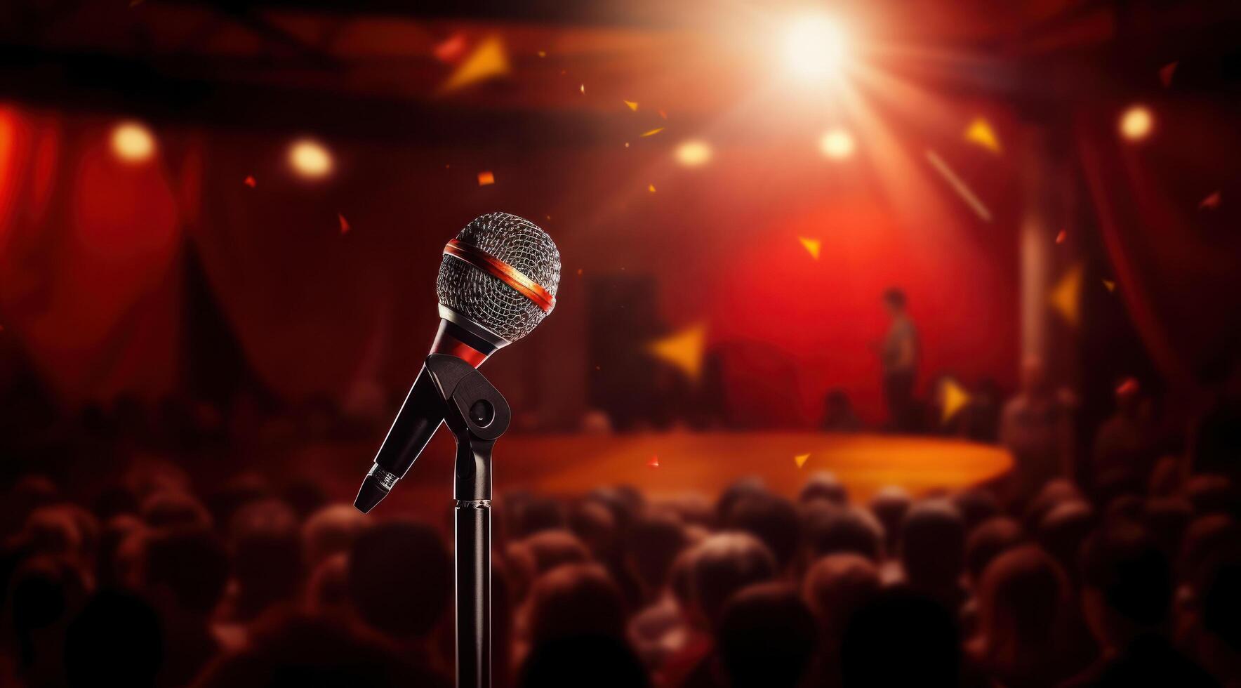 AI generated a microphone in the background in front of an audience photo