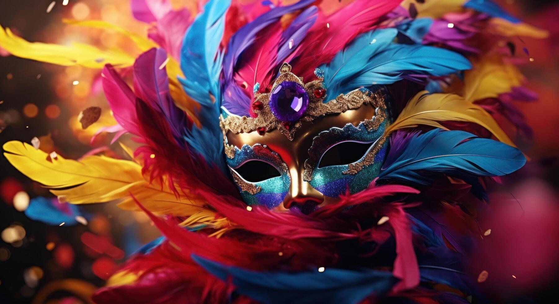 AI generated carnival mask in colorful feathers on colorful background with white text photo