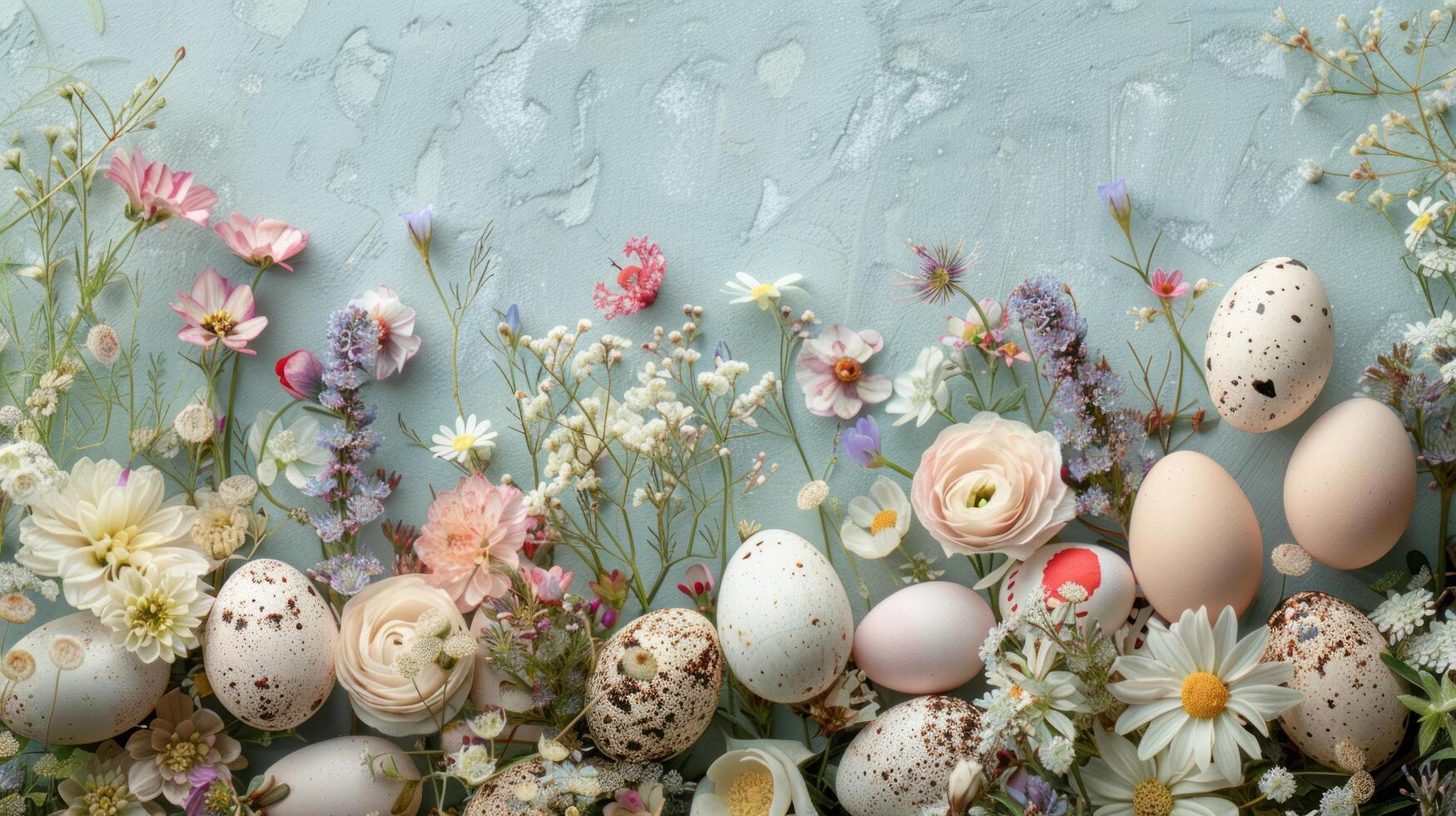 AI generated An Easter floral background featuring a variety of eggs and eggshells adorned with natural botanical elements photo