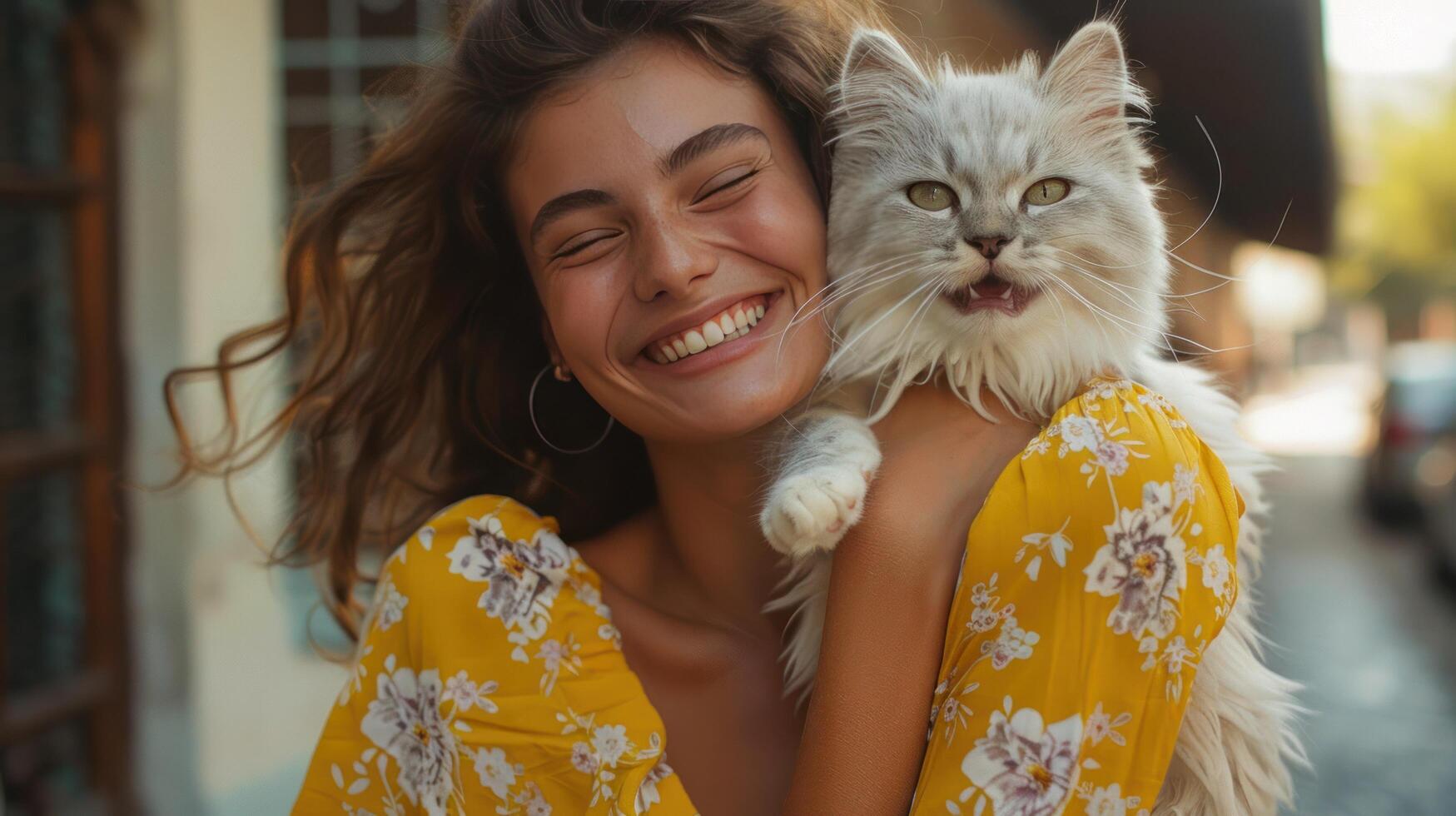 ai generado un joven mujer en un amarillo de flores vestir sostiene un blanco mullido Tolstói gato en su brazos foto