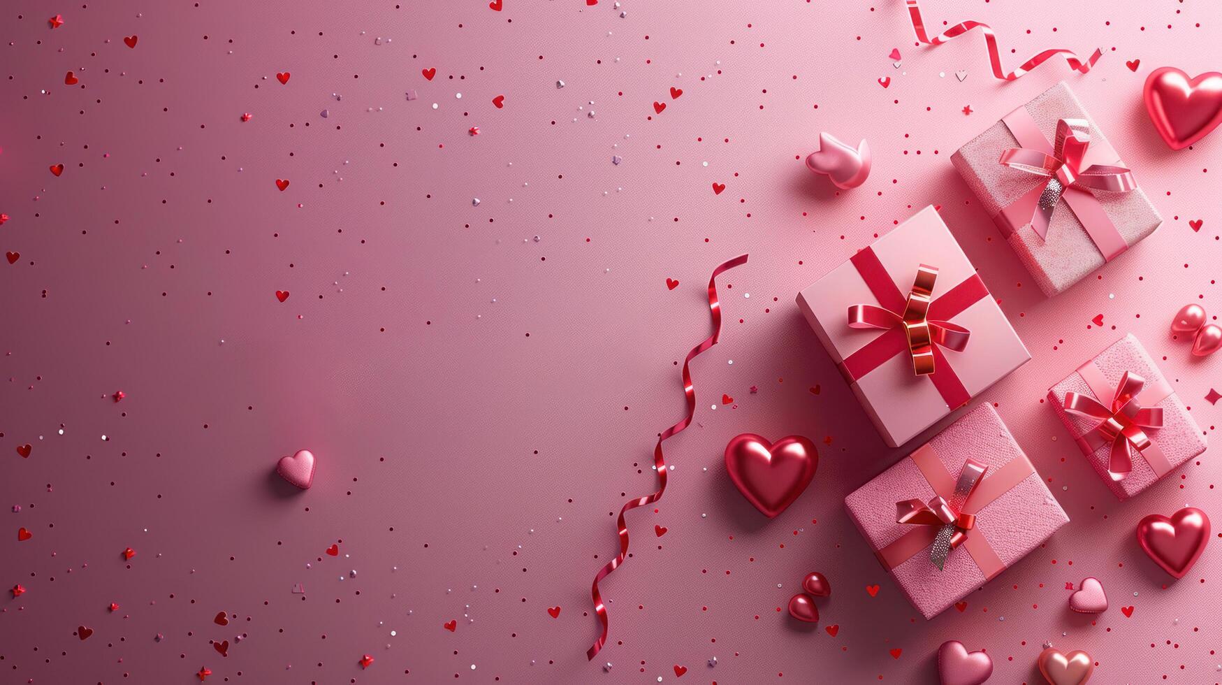 AI generated Valentine's Day theme with gifts, confetti, and hearts set against a pink background photo
