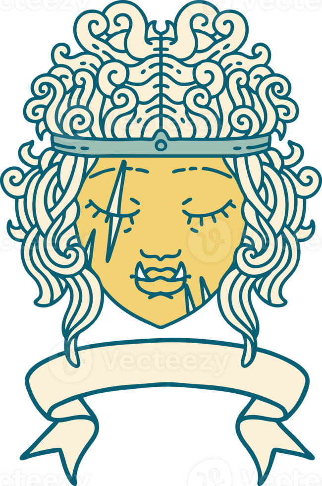 Retro Tattoo Style orc barbarian character face with banner png