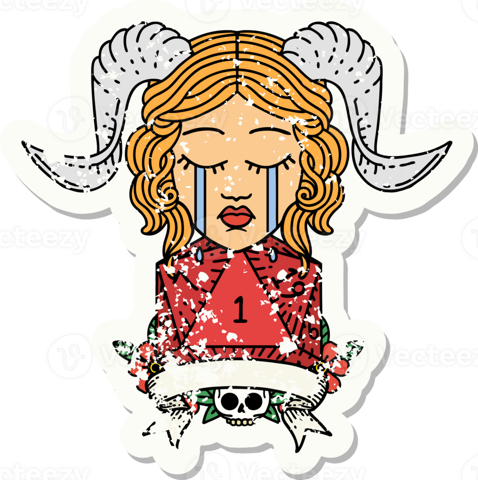 Retro Tattoo Style crying tiefling with natural one D20 dice roll png