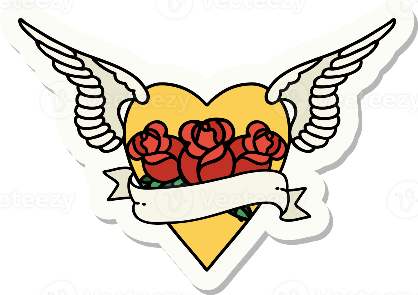 sticker of tattoo in traditional style of heart with wings flowers and banner png