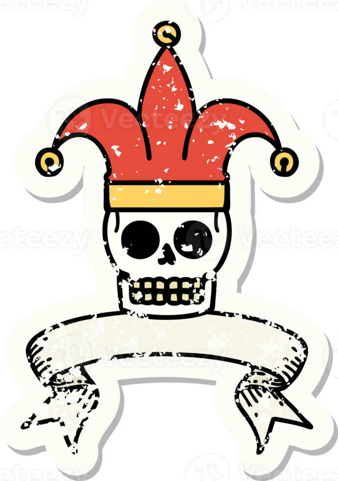 worn old sticker with banner of a skull jester png
