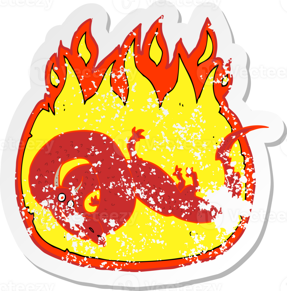 retro distressed sticker of a cartoon flaming dragon png