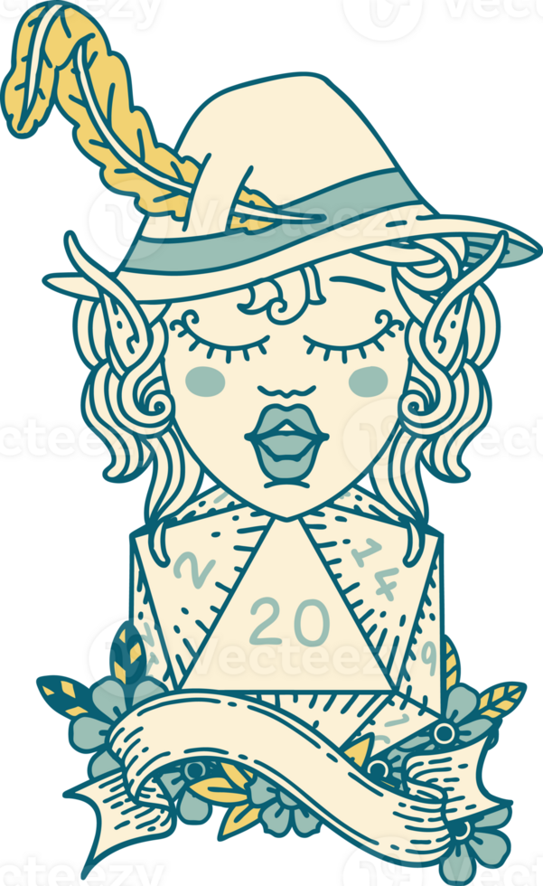 Retro Tattoo Style elf bard with natural twenty dice roll png