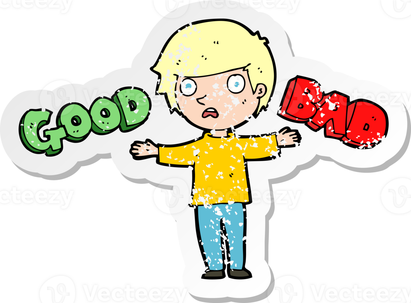 retro distressed sticker of a cartoon person making a choice png