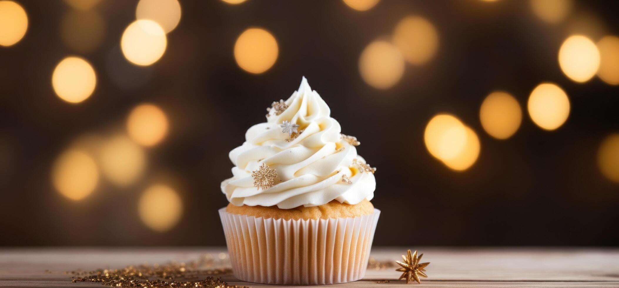 AI generated white cupcake with cupcake top on wooden surface photo