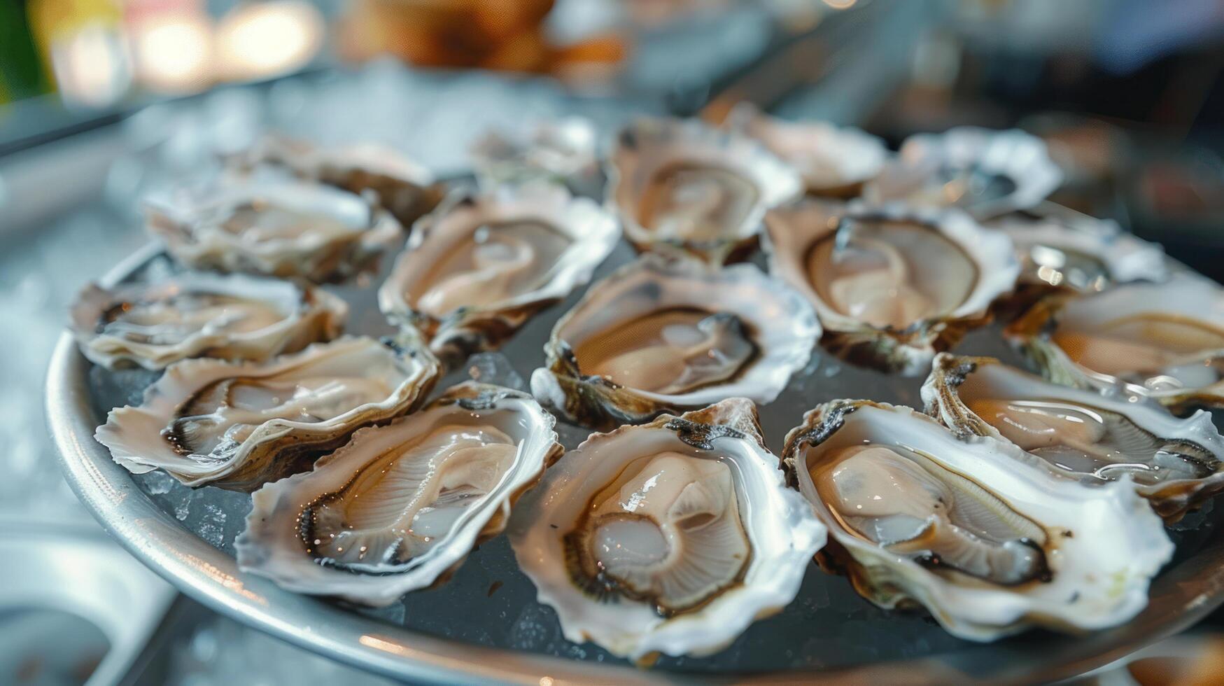 AI generated Oysters lie on shiny metal plates in a luxury restaurant ...