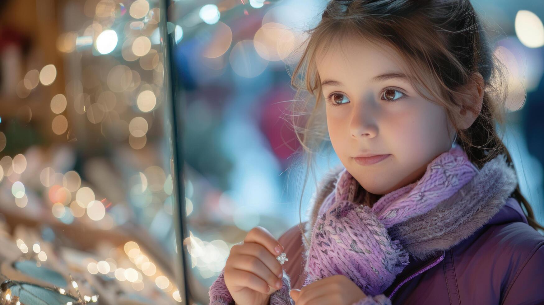 ai generado un hermosa joven niña en un púrpura Saco examina un anillo en el ventana de un joyería Tienda foto