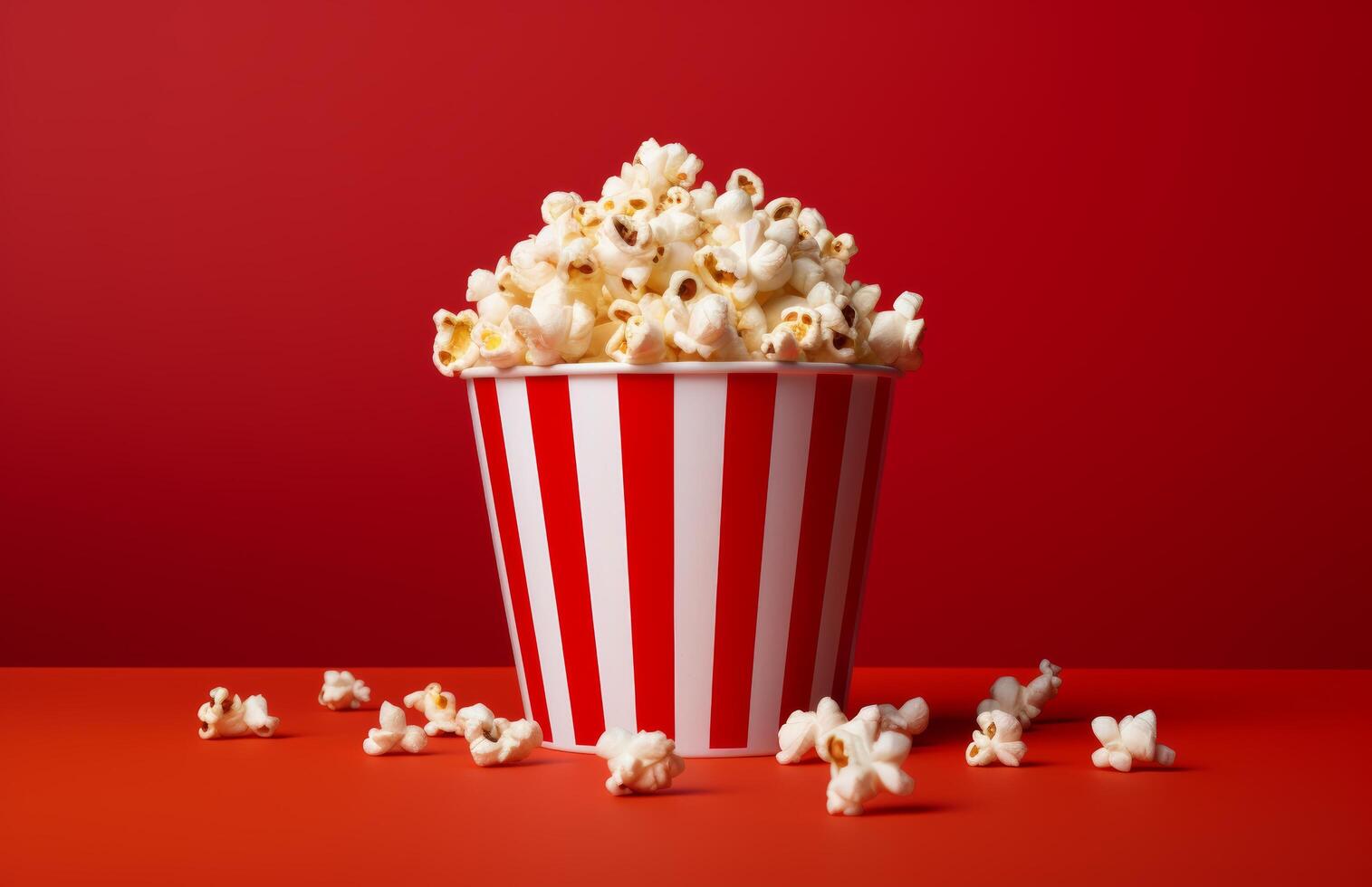 ai generado en un rojo antecedentes un Cubeta de palomitas de maiz es sentado en frente de un cámara foto