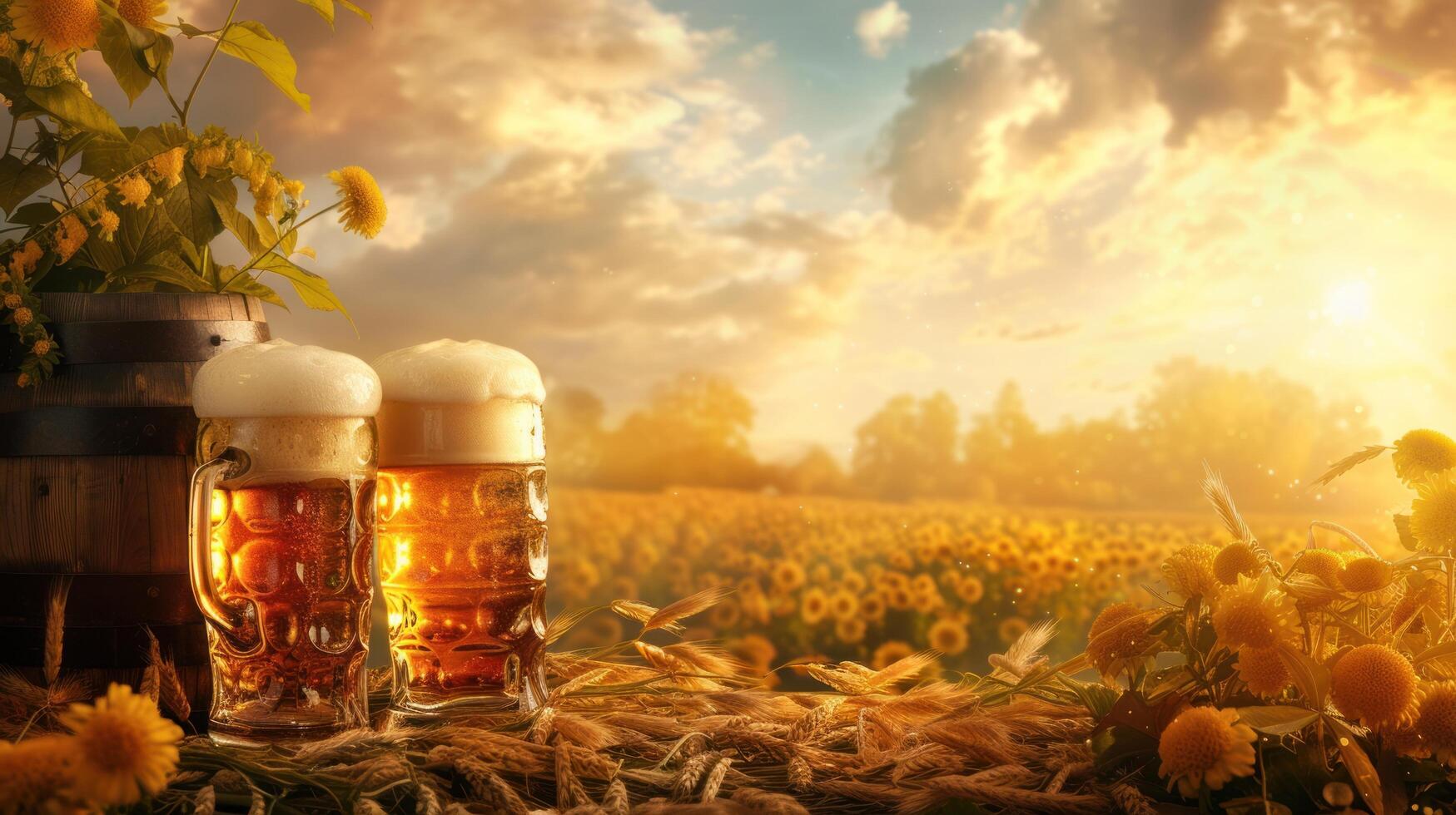 AI generated A lively Oktoberfest celebration backdrop, with traditional Bavarian decor, frothy beer steins photo