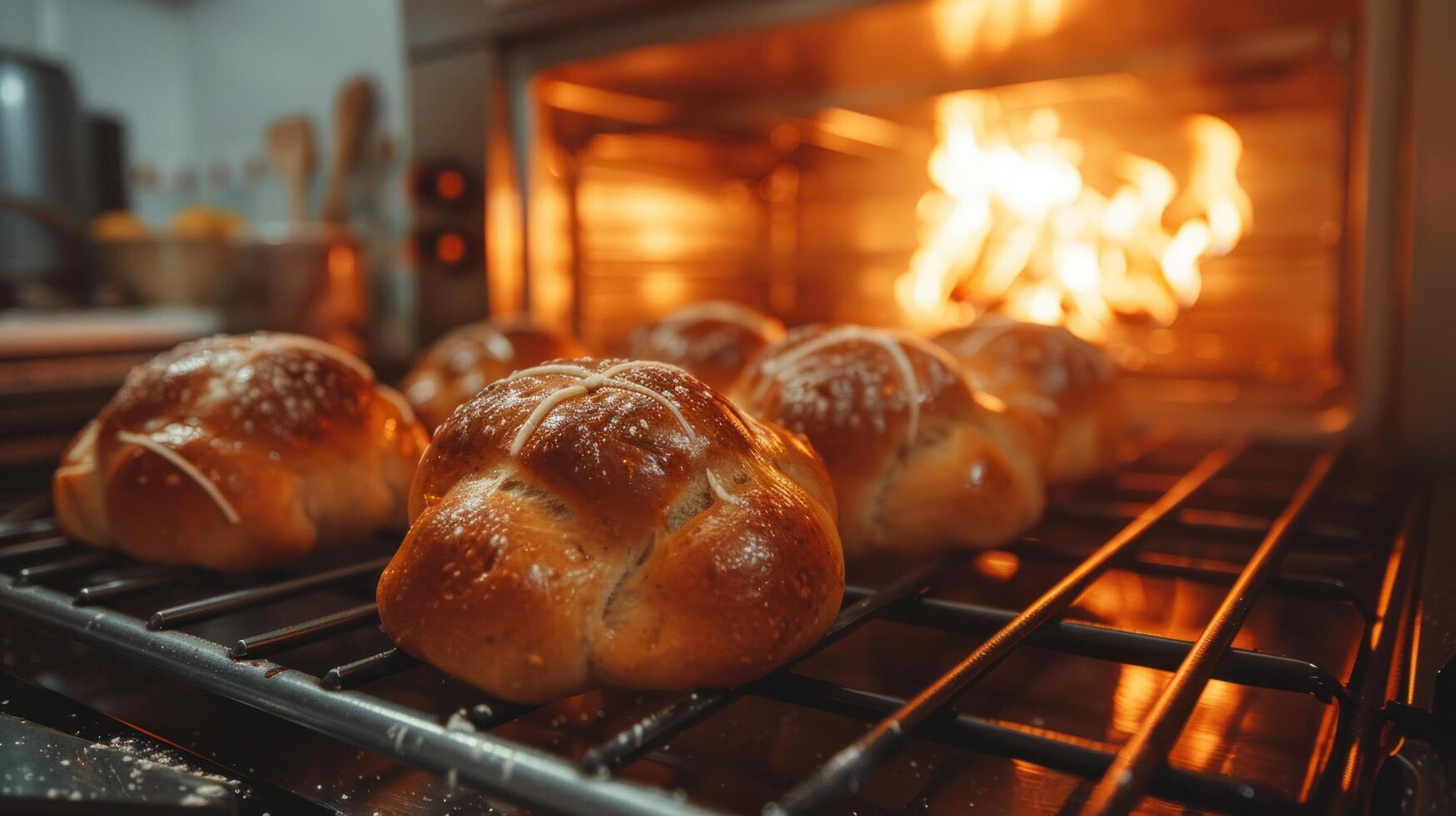 AI generated Baking Treats. Kitchen filled with aroma of freshly baked hot cross buns photo