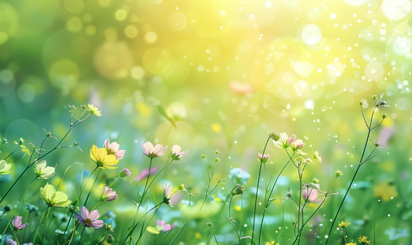 AI generated field of wildflowers on a bright green background photo