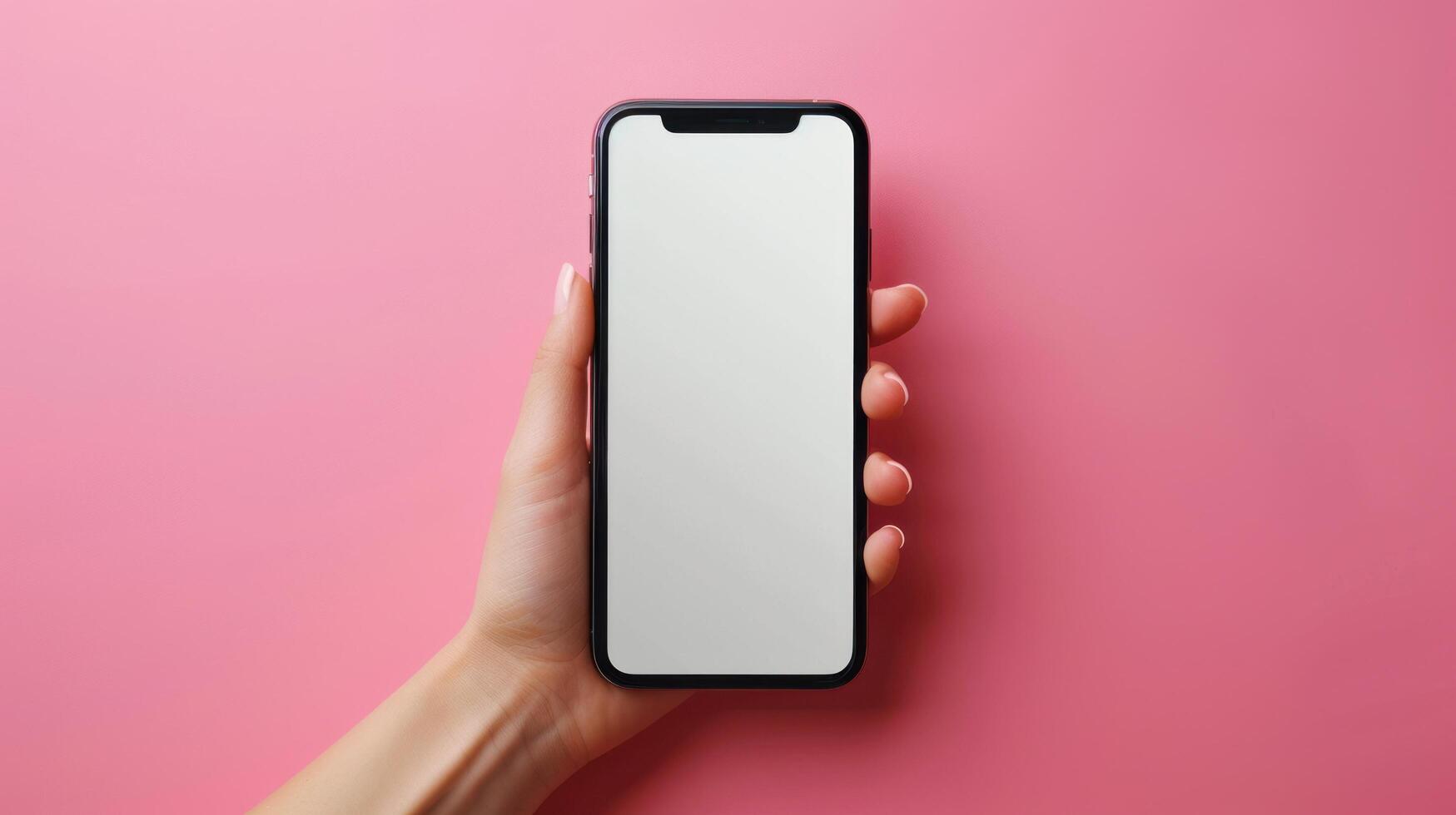 AI generated Close-up hand holding a phone with a blank white screen turned towards the camera. pink background photo