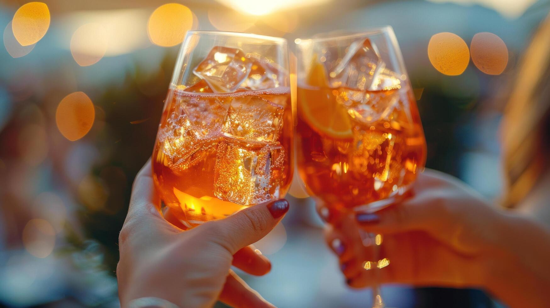 AI generated Woman hands toasting with aperol spritz cocktails photo