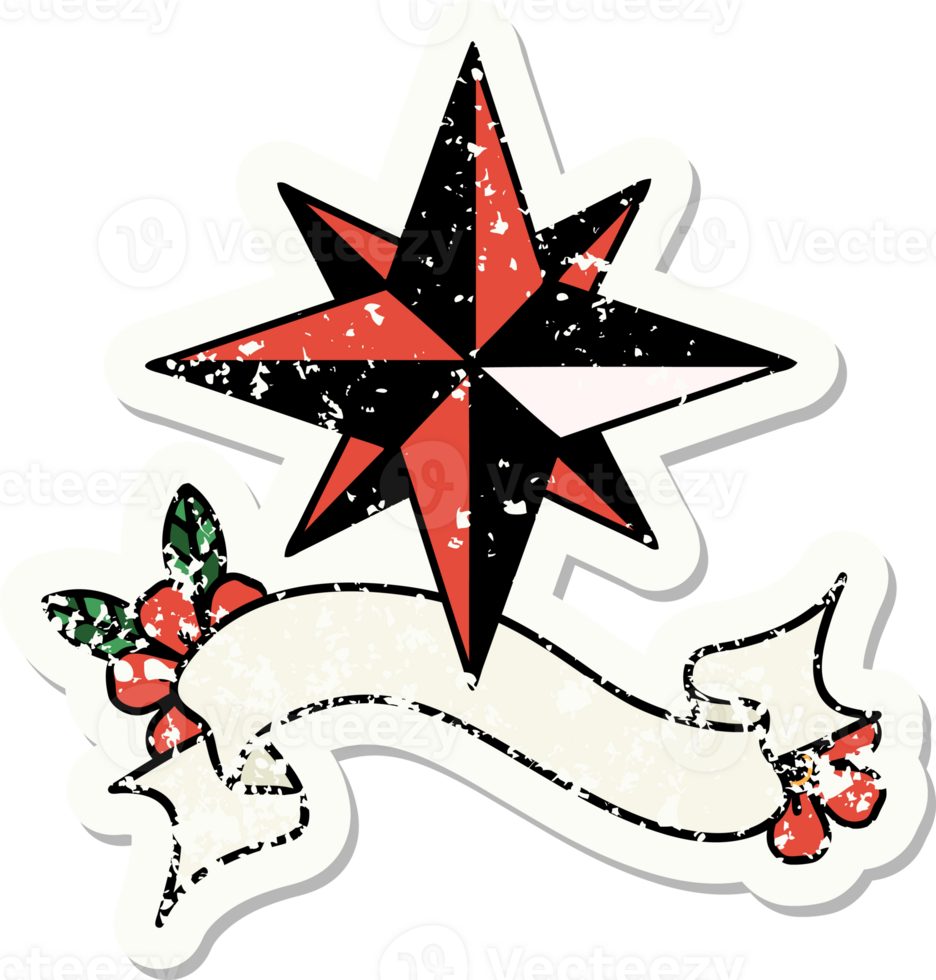 worn old sticker with banner of a star png