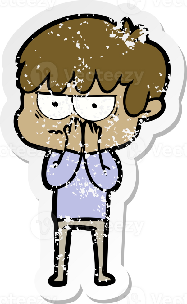 distressed sticker of a annoyed cartoon boy png