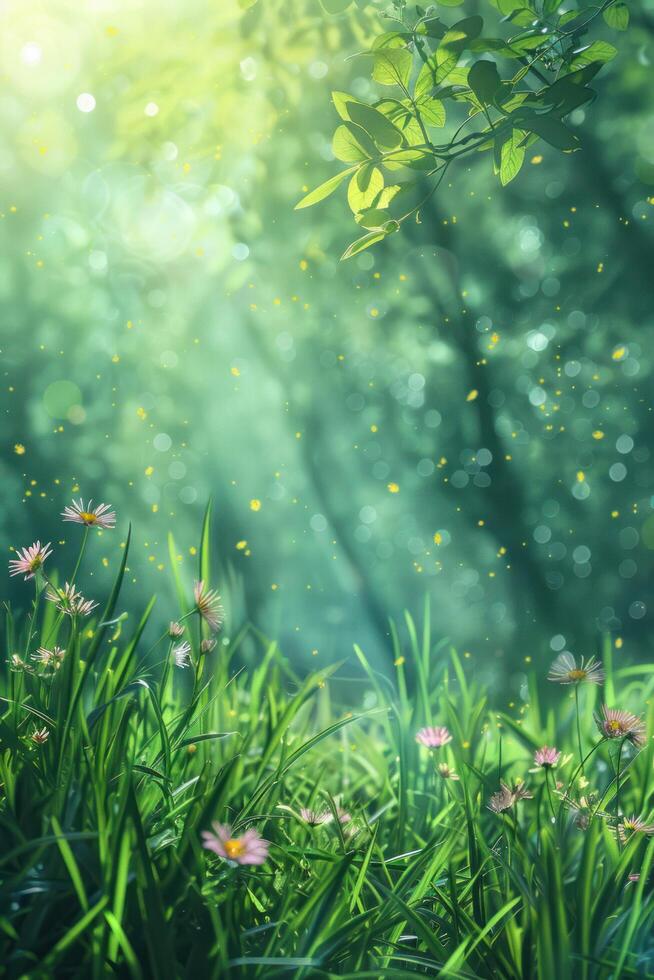 AI generated Beautiful minimalistic natural spring background. Below there is grass and flowers. Sun rays and bokeh from above photo