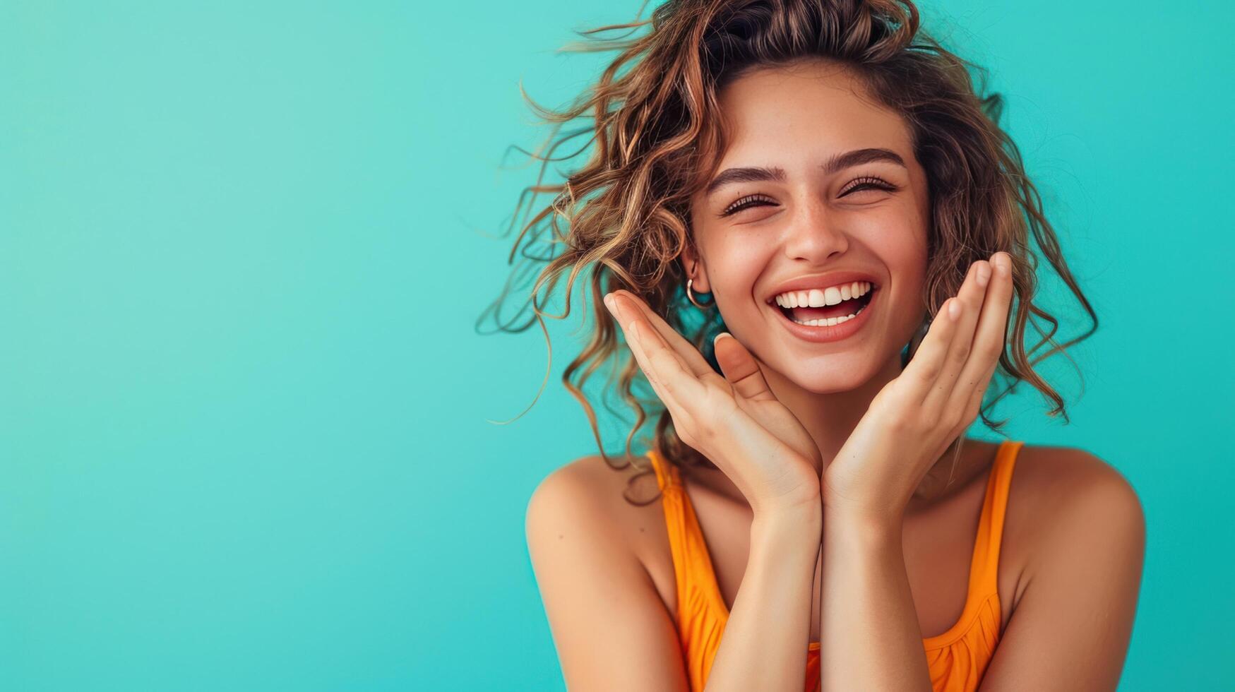 AI generated A beautiful young woman happily claps her hands, laughs and looks at the camera photo