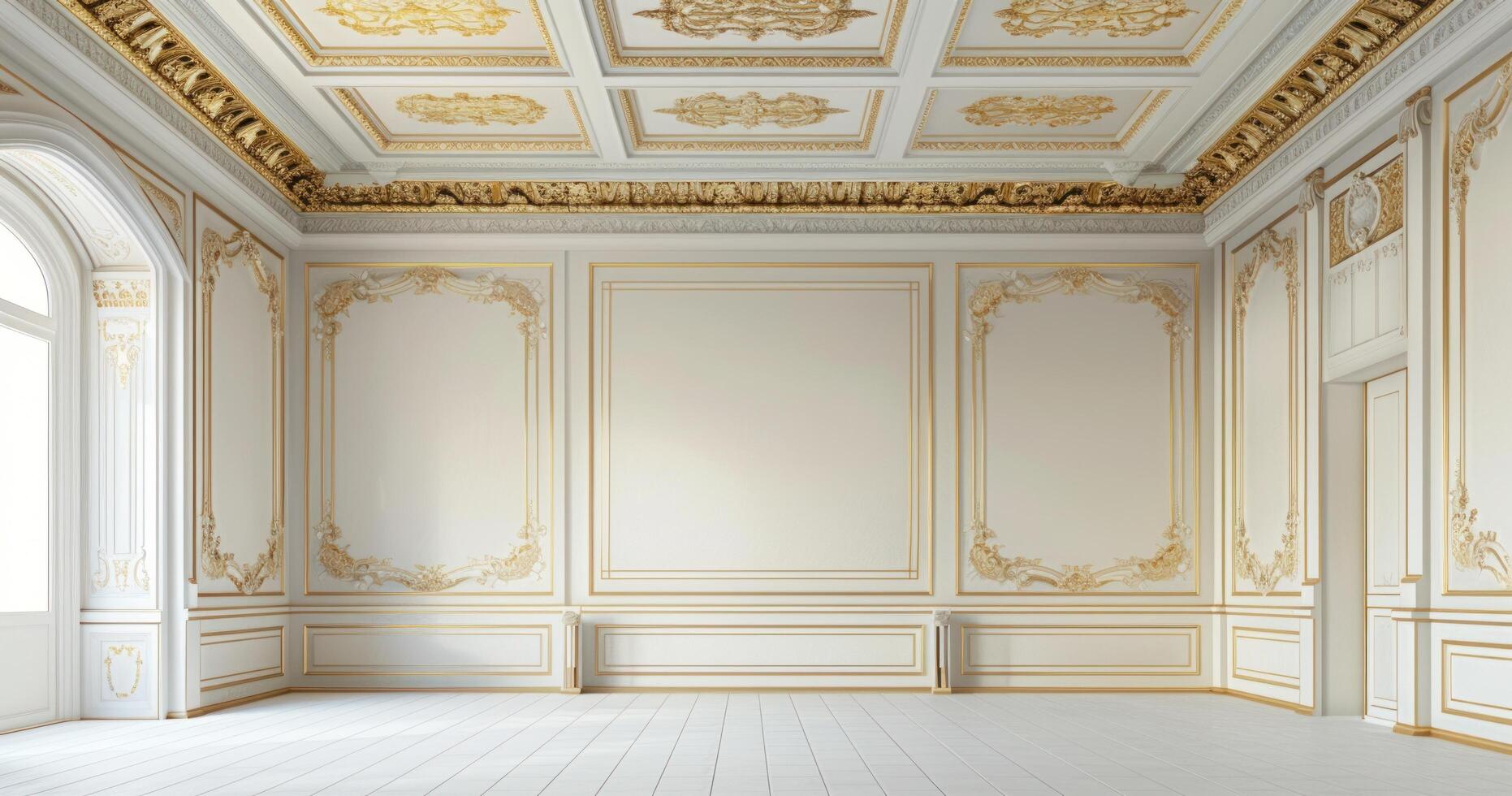 AI generated an empty room with white walls and gold ceilings photo