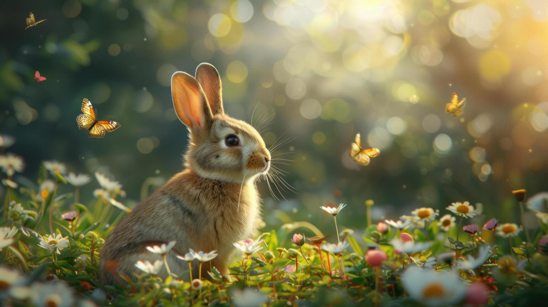 ai generado un caprichoso Pascua de Resurrección cuento de hadas escena, con un mágico bosque fondo, revoloteando mariposas foto