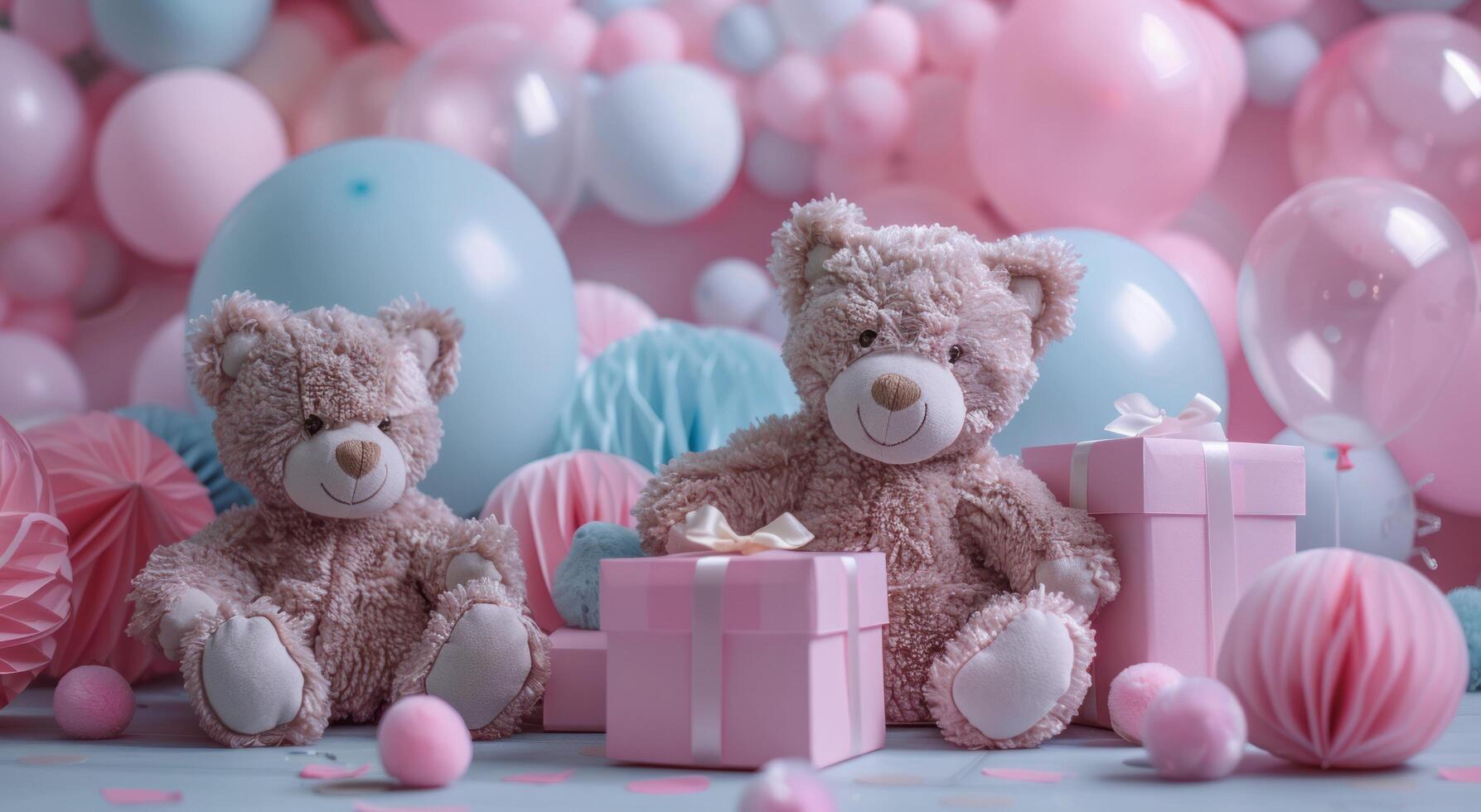 AI generated bears and balloons by a pink background with gift boxes photo