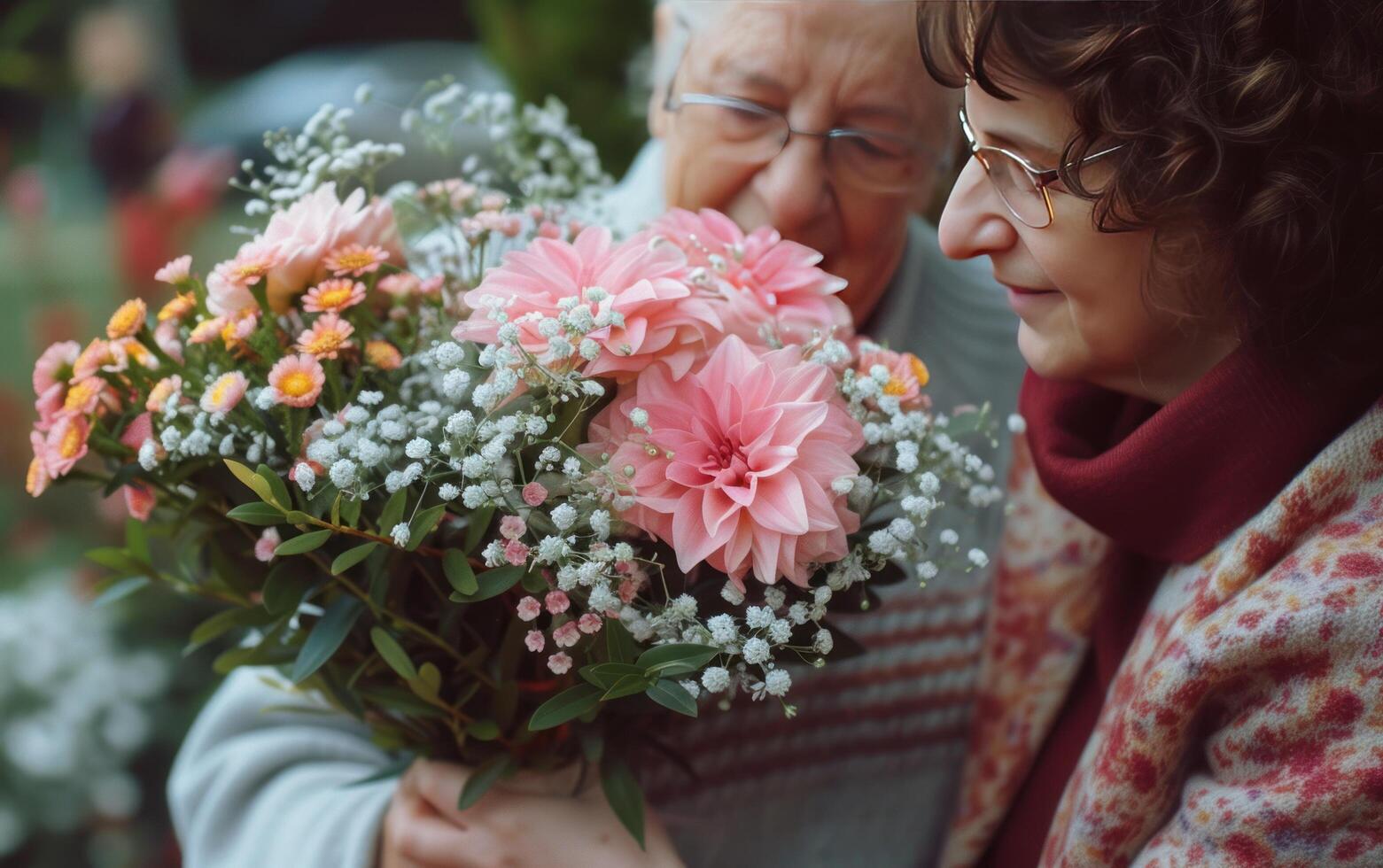 AI generated a woman is holding a bouquet of flowers next to an older woman photo