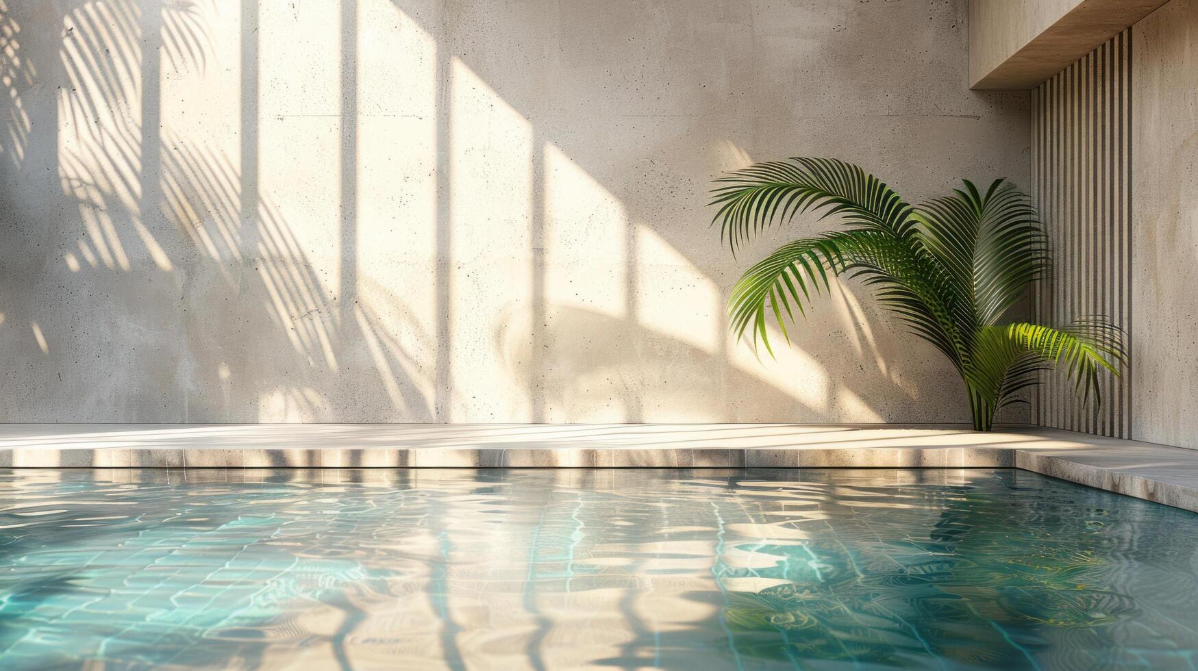 ai generado un tropical verano ajuste presentando un hormigón muro, piscina agua, y palma hoja sombra foto