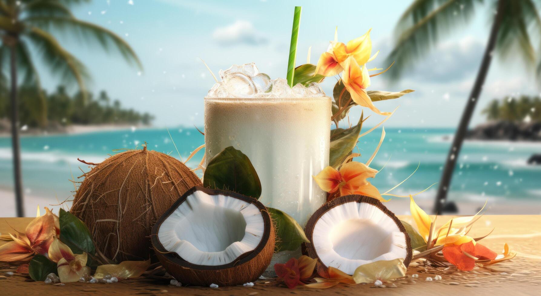 AI generated coconut drink with mango, strawberries and coconut leaves photo