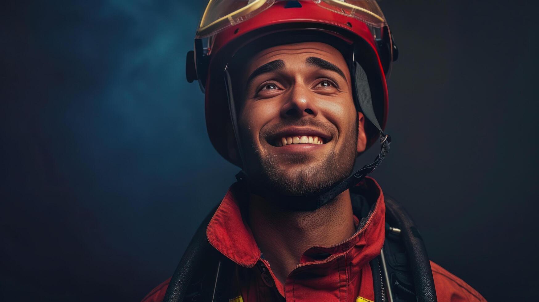 ai generado un orgulloso bombero, vistiendo su uniforme y casco, parpadea un confidente sonrisa, exudando valentía y determinación foto