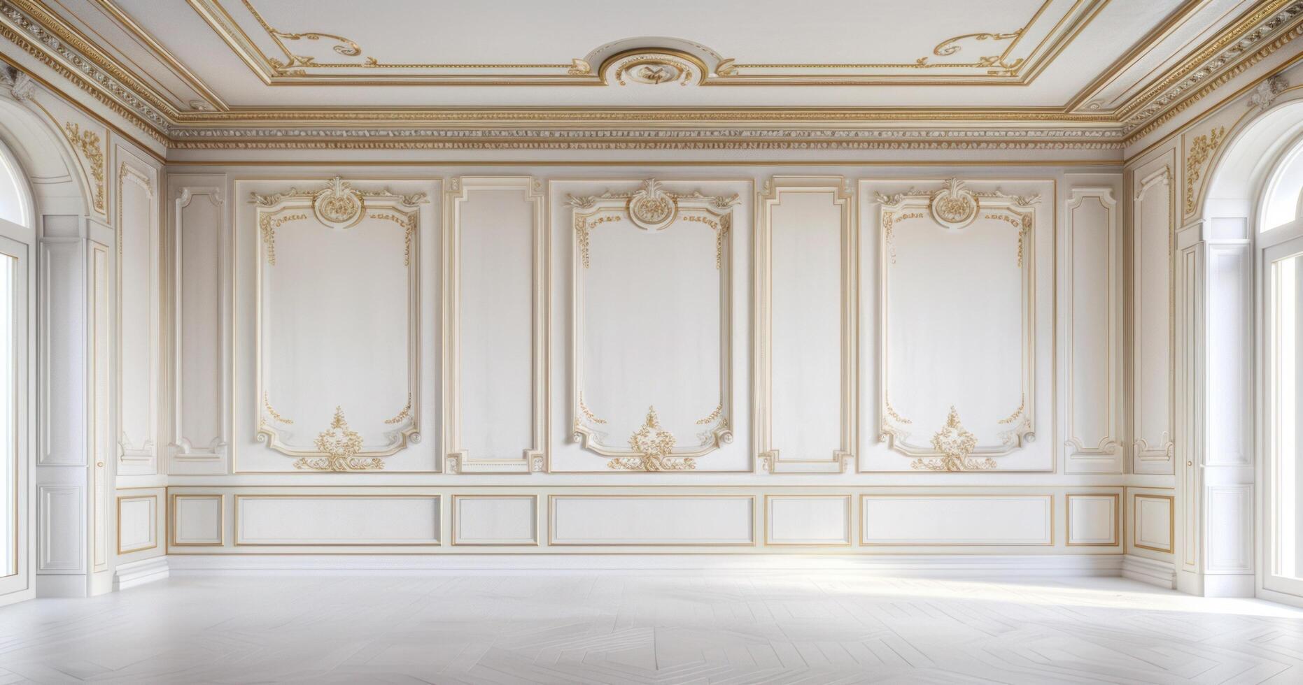 AI generated an empty room with white walls and gold ceilings photo