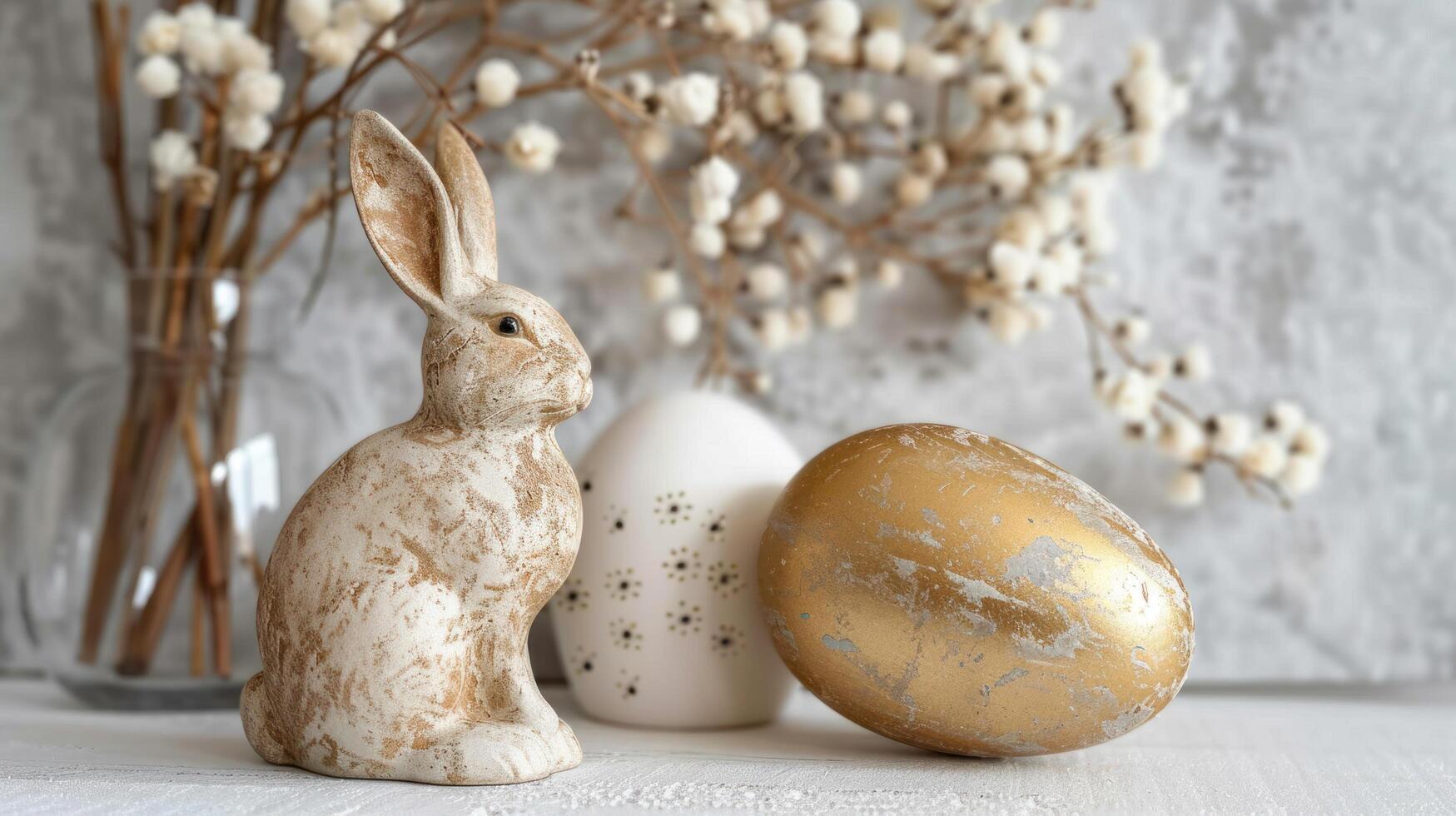 AI generated A gold porcelain bunny and a gold porcelain Easter egg sit on the white table to the left photo