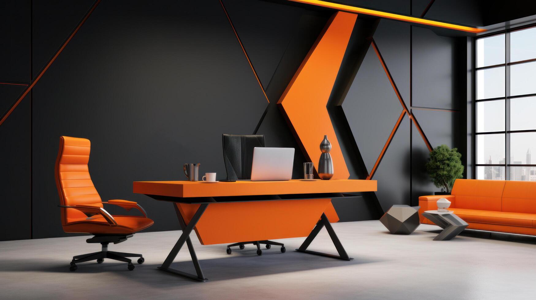 AI generated An exquisite, minimalist office design with a large window in orange style photo