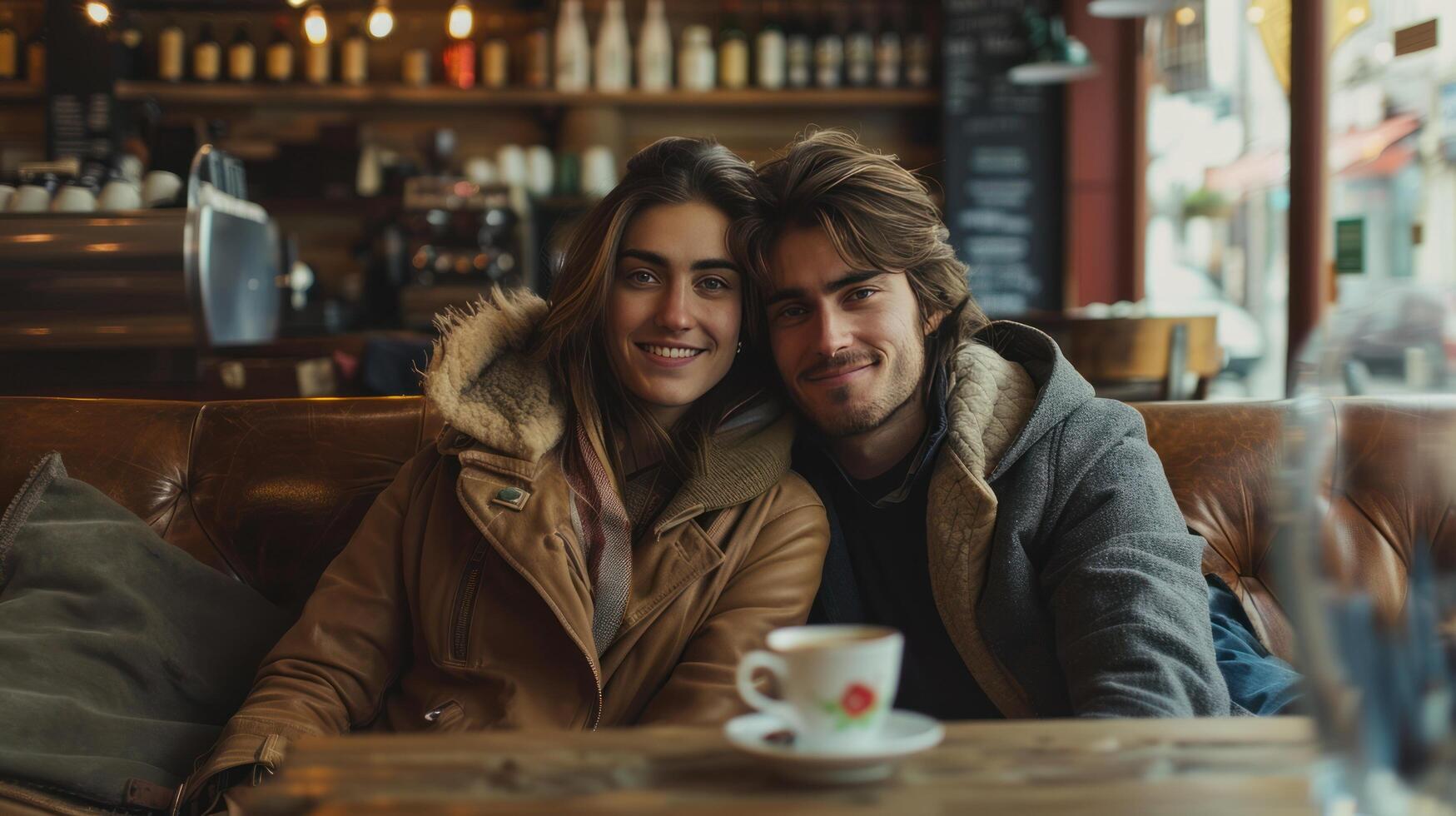 AI generated A young beautiful couple is sitting on a sofa in a classic coffee shop in the center of city photo