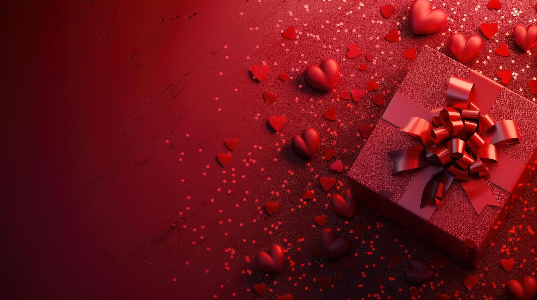 AI generated Valentine's Day gift. Banner design featuring a gift box and hearts on a red background photo