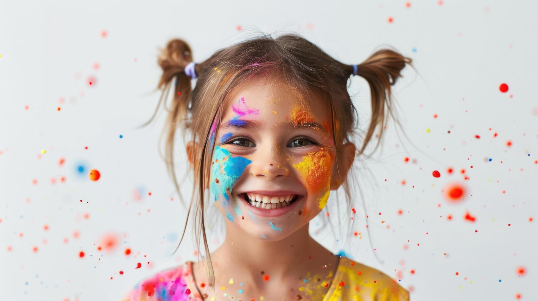 AI generated A joyful young girl, covered in paint, is having fun. She is smiling photo