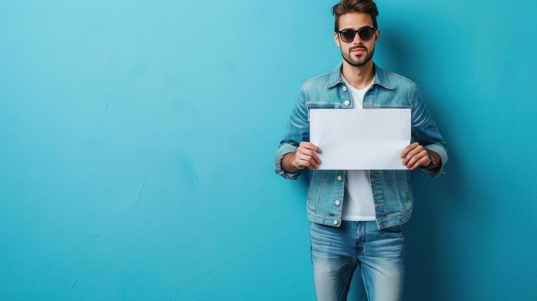 ai generado un joven hermoso hombre en un mezclilla camisa y pantalones soportes en el izquierda en un azul y minimalista antecedentes foto