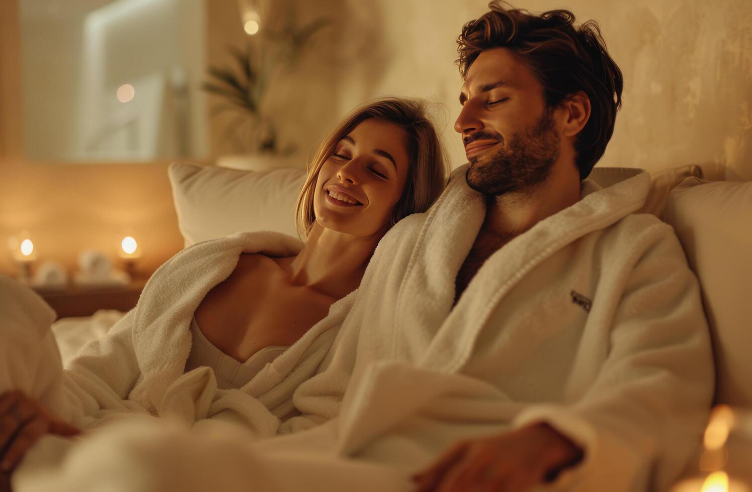 AI generated man and woman relaxing in bathrobe on sofa at spa photo