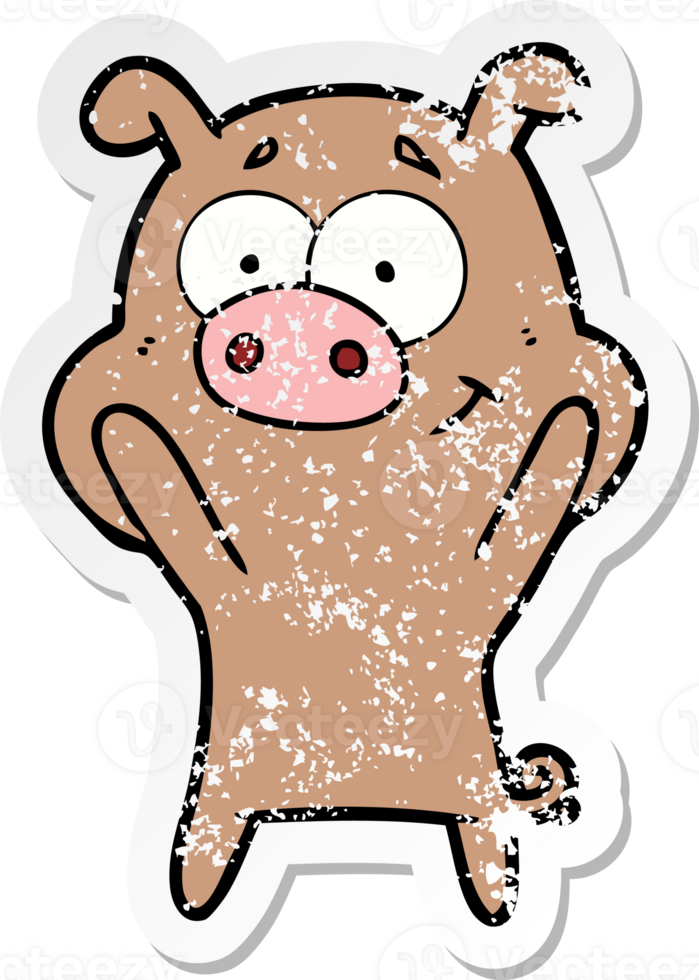 distressed sticker of a happy cartoon pig png