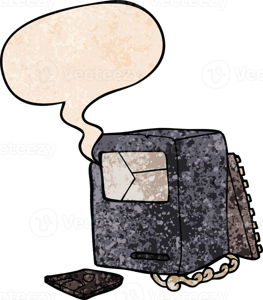 cartoon broken old computer with speech bubble in retro texture style png