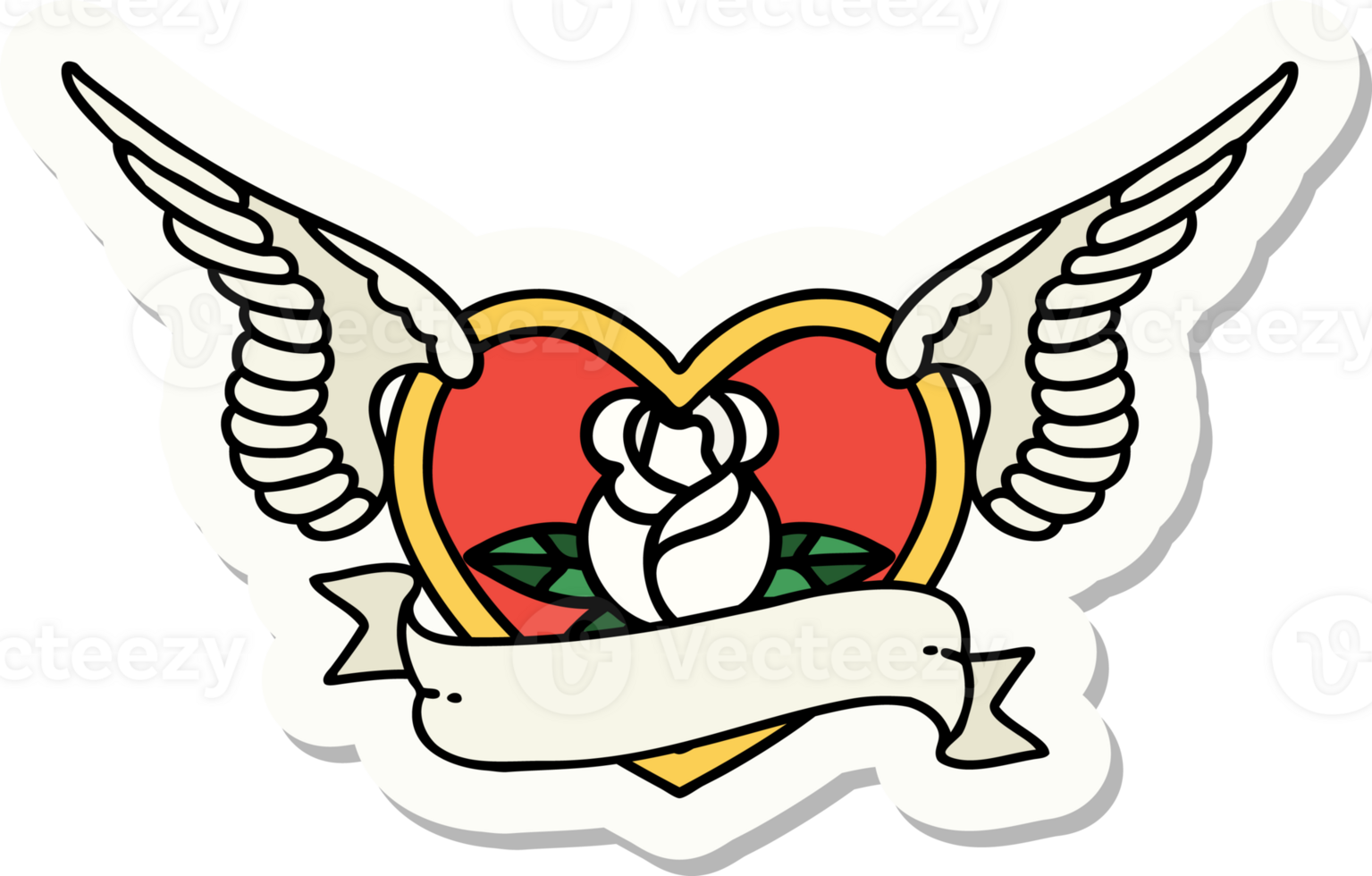 sticker of tattoo in traditional style of a flying heart with flowers and banner png