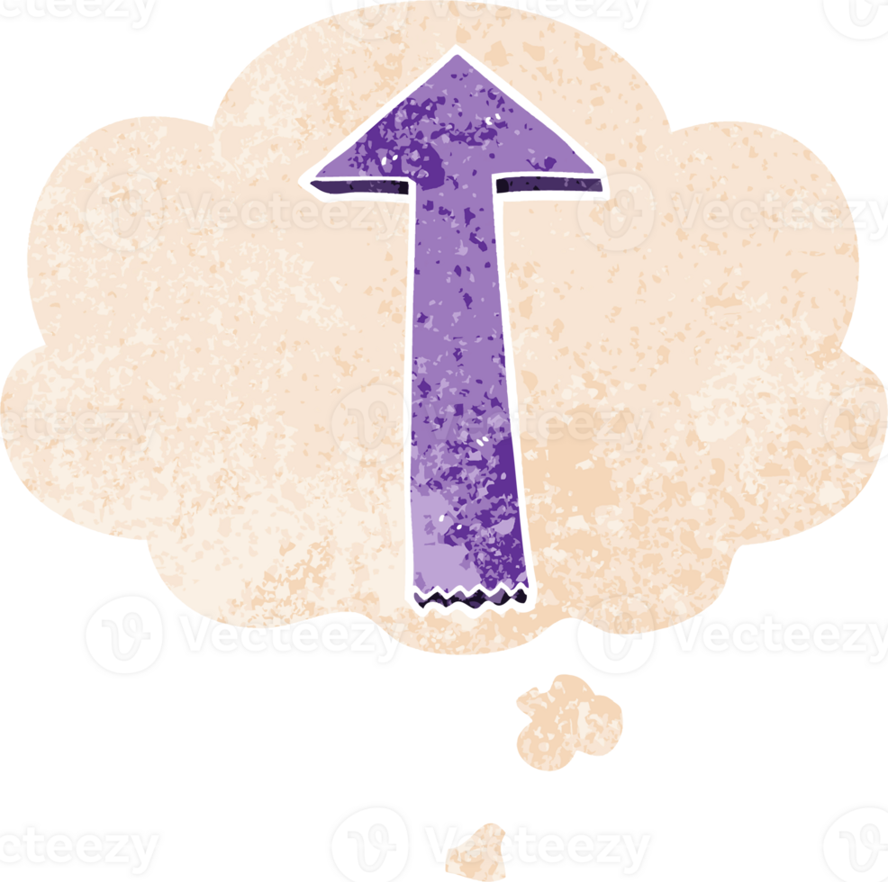 cartoon pointing arrow and thought bubble in retro textured style png