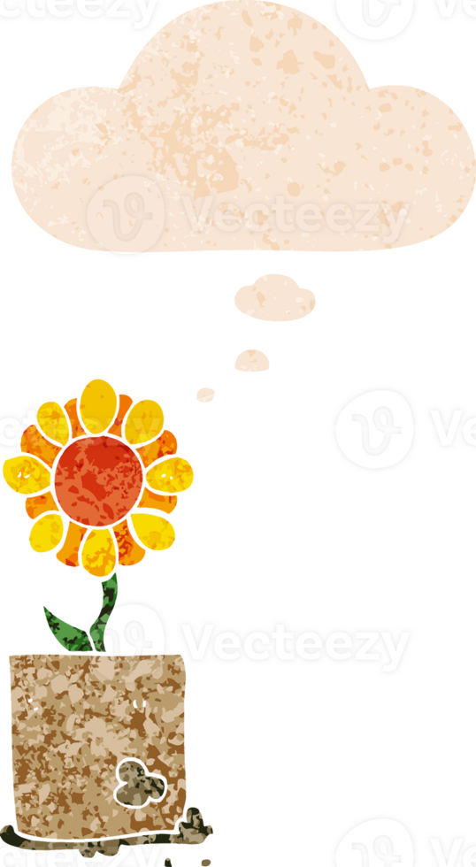 cartoon flower and thought bubble in retro textured style png