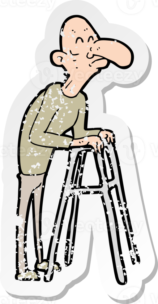 retro noodlijdende sticker van een cartoon oude man met rollator png