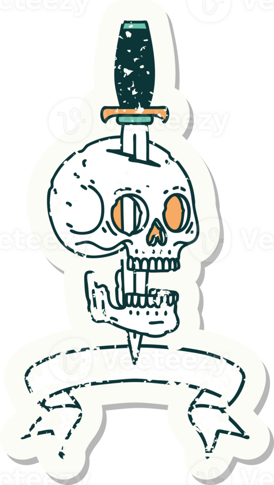 grunge sticker with banner of a skull and dagger png