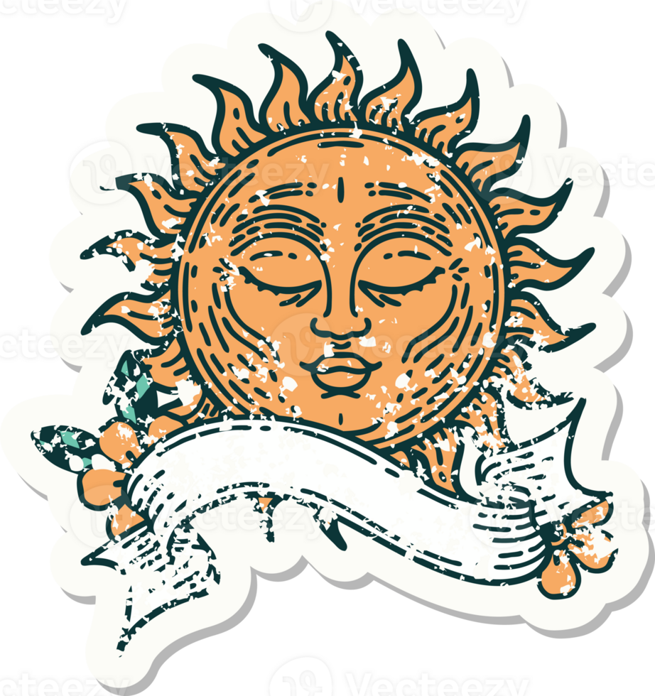 grunge sticker with banner of a sun png