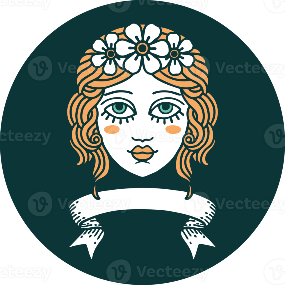 icon with banner of female face with crown of flowers png