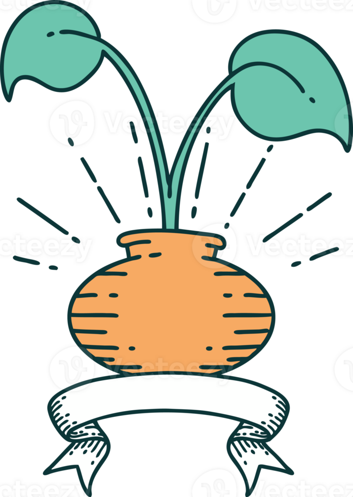 banner with tattoo style houseplant in vase png